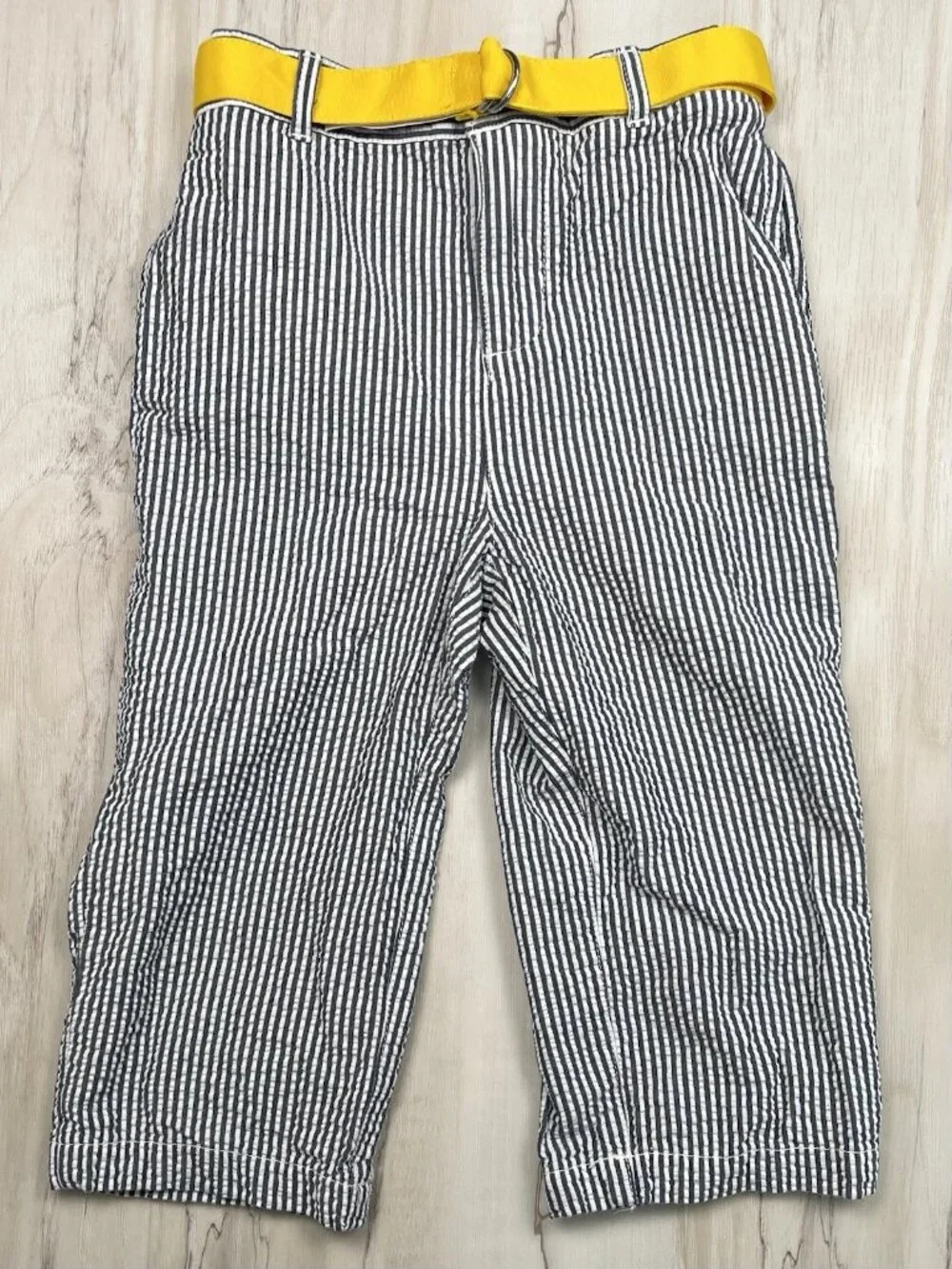 POLO by Ralph Lauren Boys 24M Blue Stripe Seersucker PANTS w/ Yellow Belt EUC